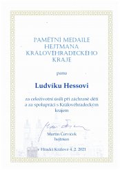 Certifikát k medaili, kterou jsem dostal od hejtmana Martina Červíčka.